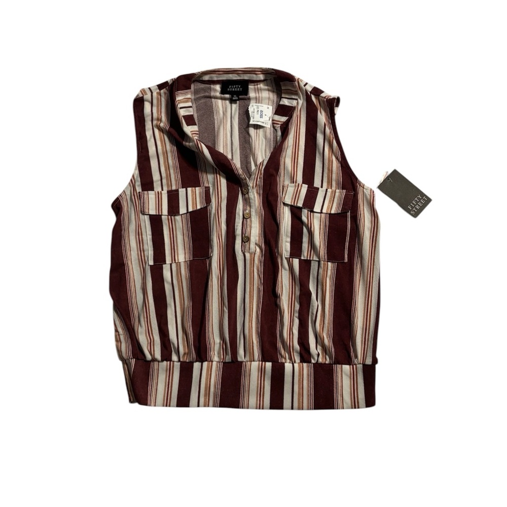 Fifty Street Striped Button Tank Top - Burgundy/White